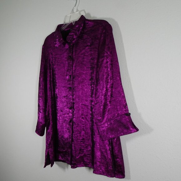 Ali Miles Tunic Top Women's Size L Purple Metallic 3/4 Sleeve Wire Collar - Picture 4 of 12
